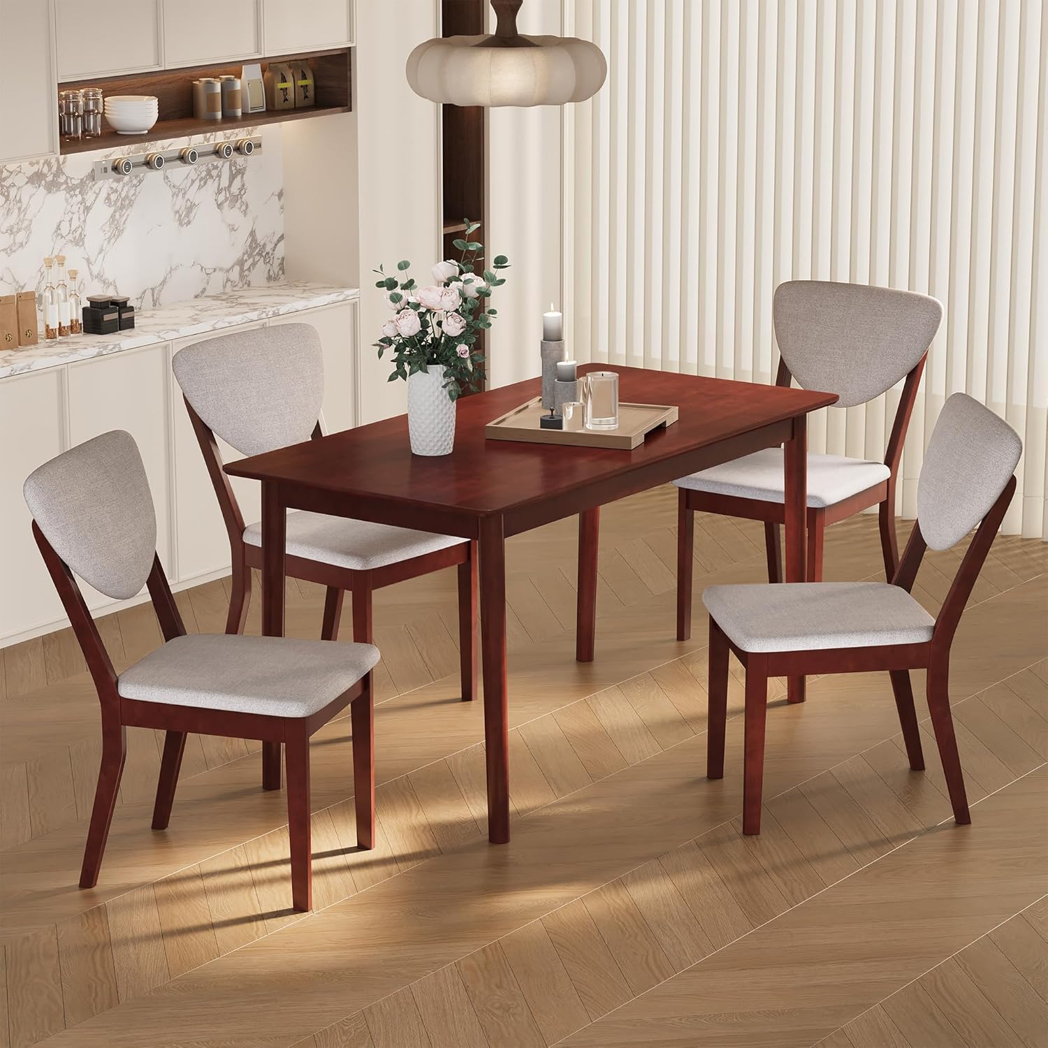 Ahomly 5-Piece Dining Table Set for 4,Solid Wood Kitchen Table Set with 4 Upholstered Linen Chairs, Space-Saving Dining Room Furniture for Apartment, Home, Dark Cherry/Grey