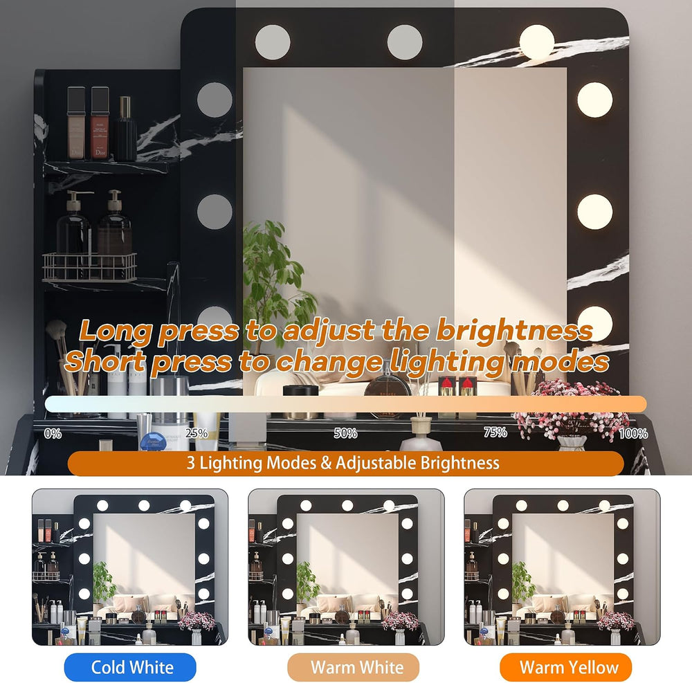 Patikuin Vanity Desk with Mirror and Lights for Bedroom, Marble Black Modern ...