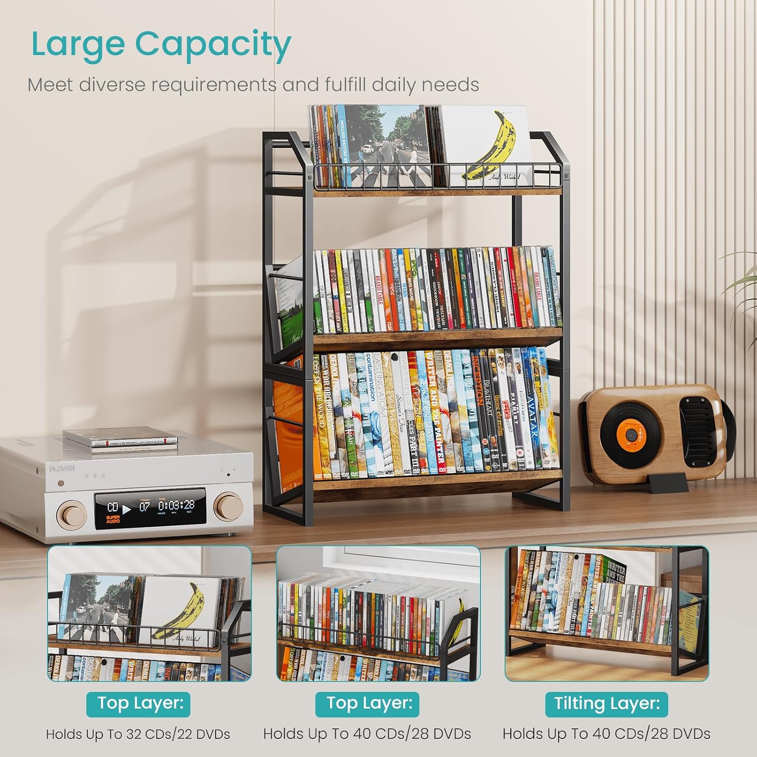 ELITEROO 3-Tier CD Storage Rack, Wood DVD Holder with 2-in-1 Assembly Design, Tilting CD Organizer Tower Holds Up to 112 CDs or 78 DVDs, Table Top DVD Display Stand for Music Enthusiasts, Rustic Brown