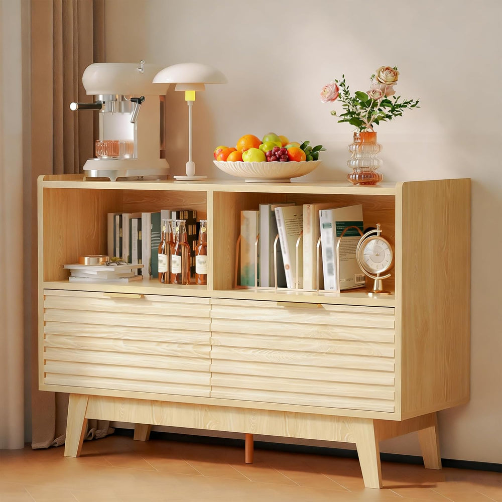 Fluted Buffet Sideboard Oak, Modern Storage Cabinet w/Cord Cutout, Accent Cab...