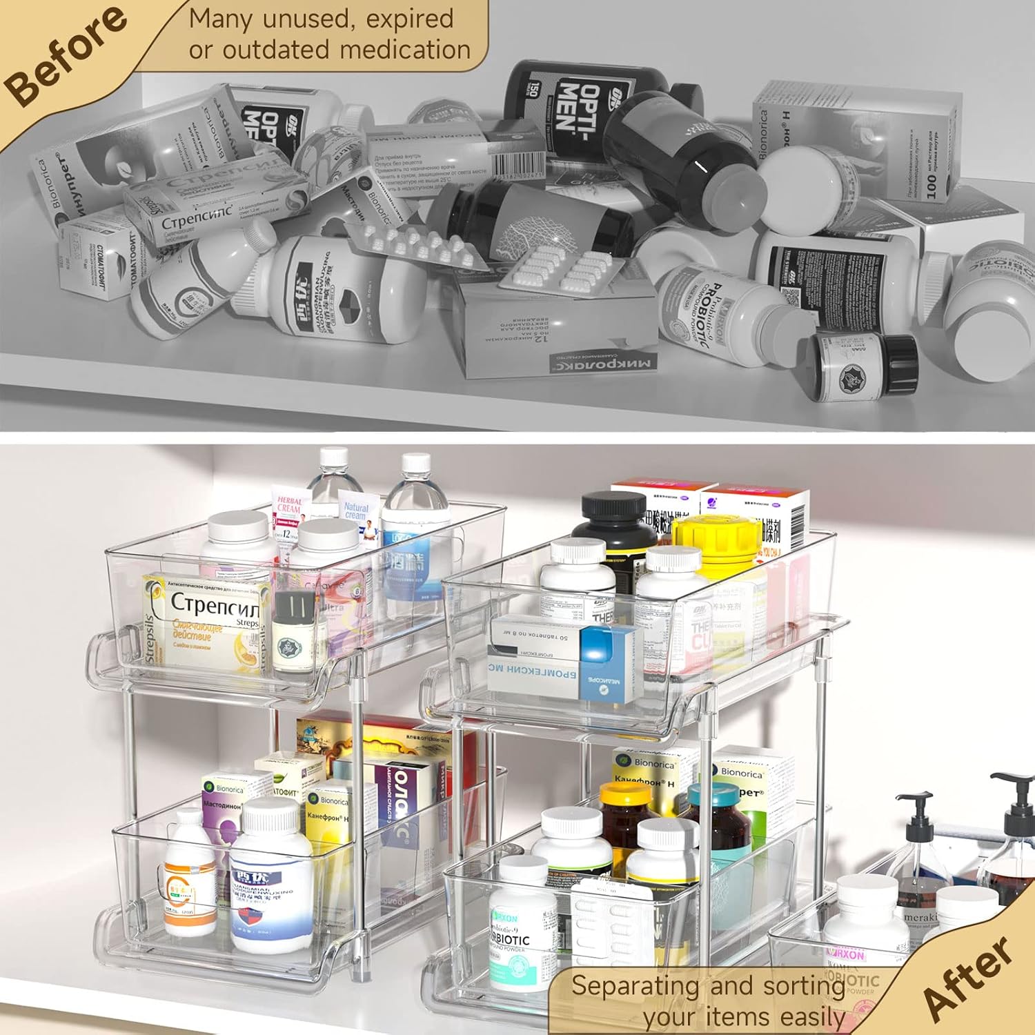 HIHEGD 2 Tier Bathroom Storage With Dividers, Clear Under Sink Pull Out Organizer for Kitchen Pantry, Medicine Cabinet