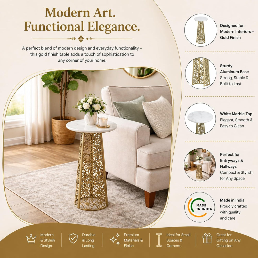 Gold Side Table with White Marble Top | Decorative Modern End Table | Aluminu...