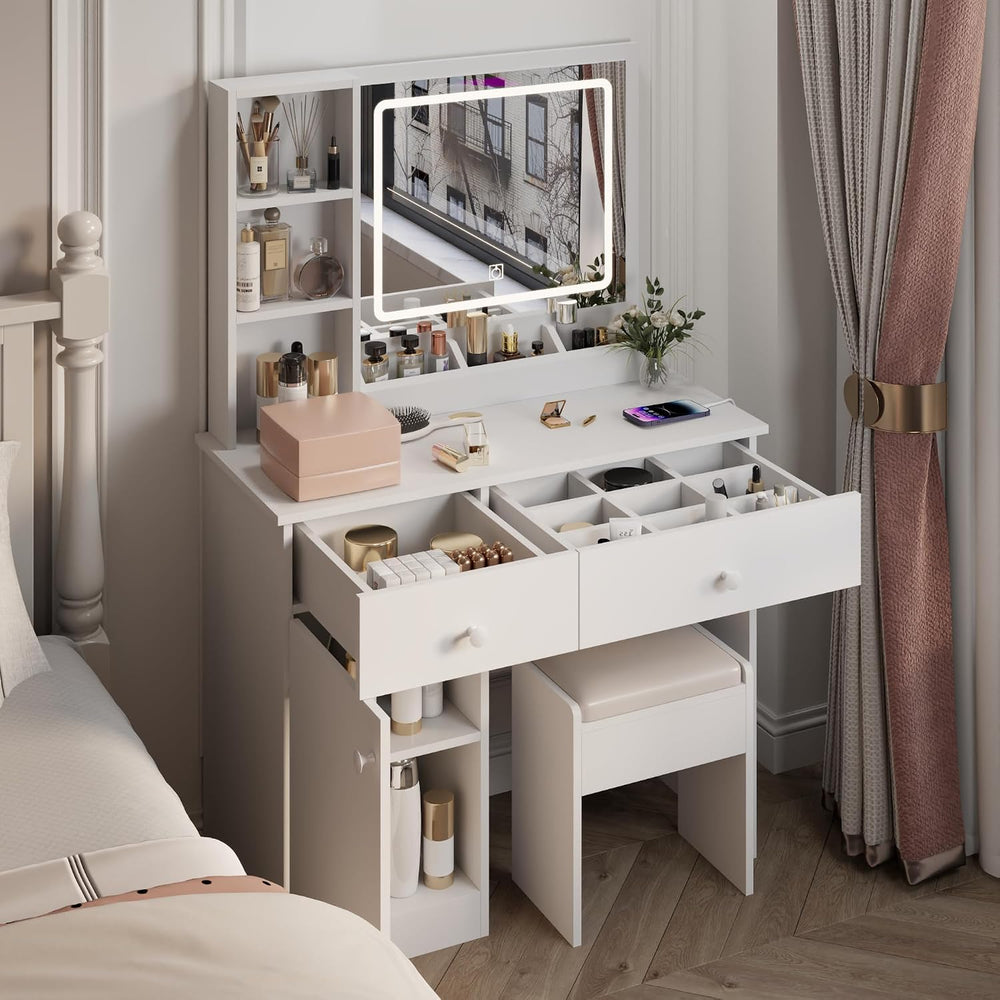 Vanity Set with Mirror and Stool and Lights, with Power Outlet,Dressing Table...