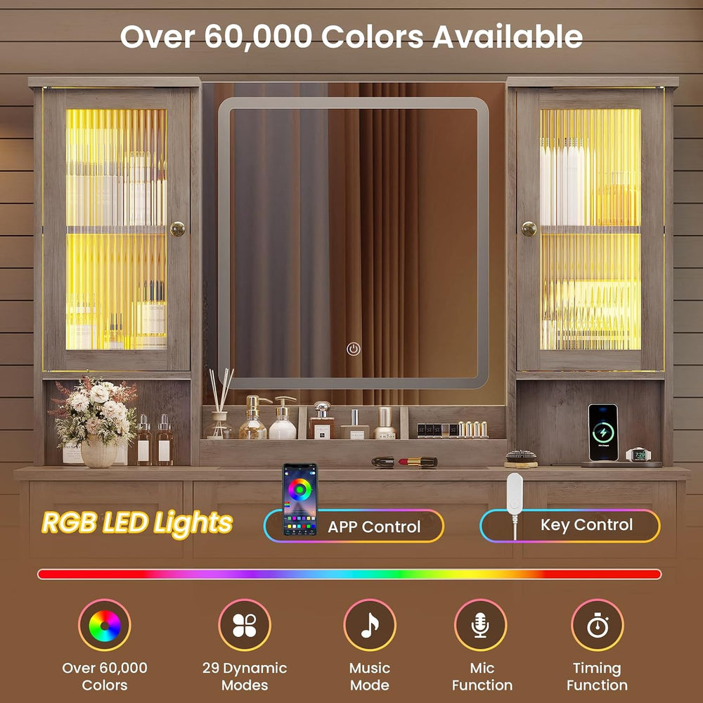 MSmask Vanity Desk with LED Mirror & 3 Color Modes, Large Makeup Vanity w...