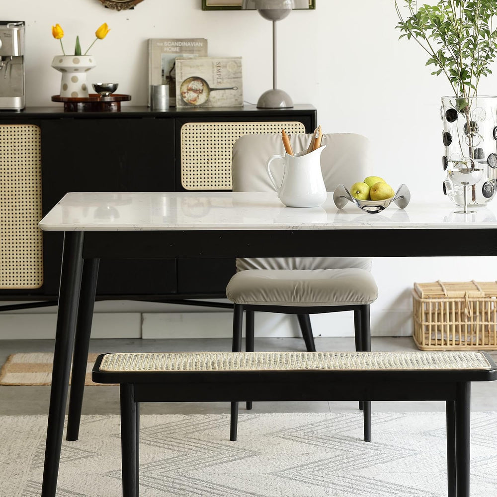 47.24" Modern Oak Wood Dining Bench with Woven Rattan Seat Solid Wood En...