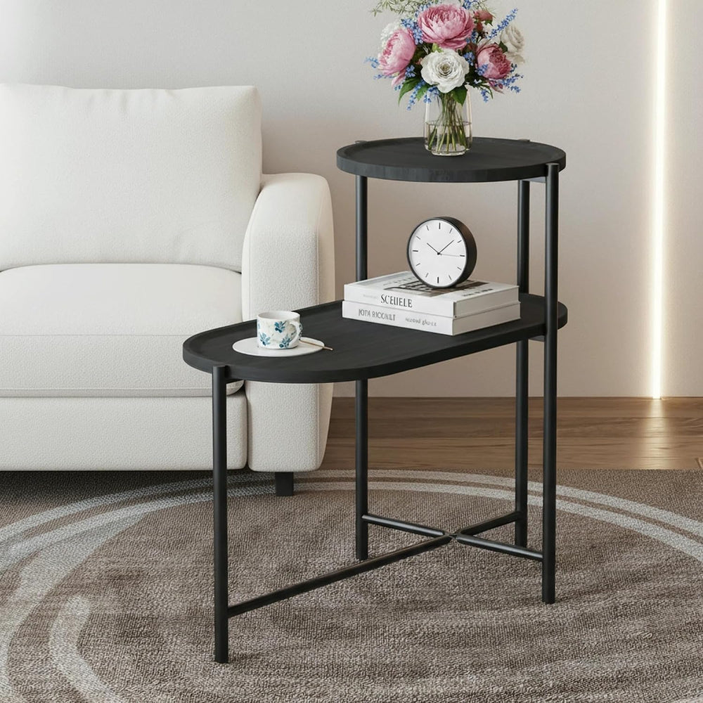 2 Tier Oval Side Table, Modern X-Leg End Table with Round Storage Tray, Black...