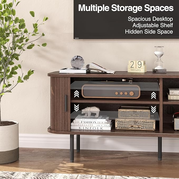 55''W Modern TV Stand Cabinet with Storage for TVs up to 60 Inch, Fluted TV Entertainment Center with Slatted Tambour Doors, Media Console for Living Room, Entryway, Walnut
