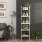 Axeman 5-Tier Ladder Bookcase, Tall Narrow Bookshelf for Small Spaces, Modern Book Storage Organizer Case Open Shelves for Living Room, Bedroom，Office, Library, Gold and White
