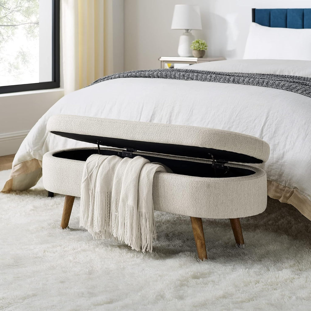 43.5" Oval Storage Bench, End of Bed Storage Benches, Linen Fabric Upholstered Ottoman Bench with Safety Hinge for Living Room Entryway Bedroom Hallway (Beige, 43.5 inch)