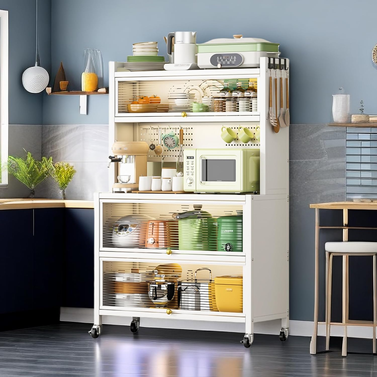 64" Kitchen Pantry Cabinet, Tall Storage Cabinet with Glass Doors and Wheels, Bakers Rack Countertop, Microwave Oven Shelf Cabinet, Cabinet Cupboard for Kitchen, Living Room, Dining Room (White)