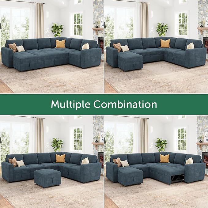 HONBAY Modular Sectional Sleeper Sofa with Pull Out Bed, Corduroy Couch with Storage, U Shaped Sectional Couches for Living Room, Blue