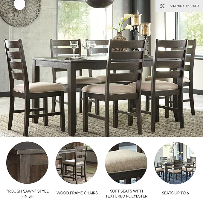 Signature Design by Ashley Rokane 7-Piece Dining Room Table Set with 6 Upholstered Chairs - Brown Wood 20" Rectangular Table & Chair Set for Kitchen Dining Room