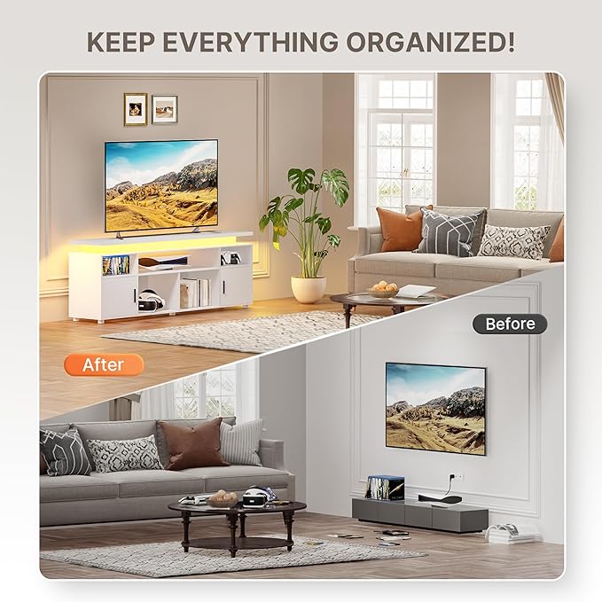 SUNCOZE TV Stand, Entertainment Center with LED Lights and Cabinet for 70/75/80 Inch, Modern TV Console Gaming Media Television Stands with Power Outlets for PS5 in Living Room and Bedroom, White