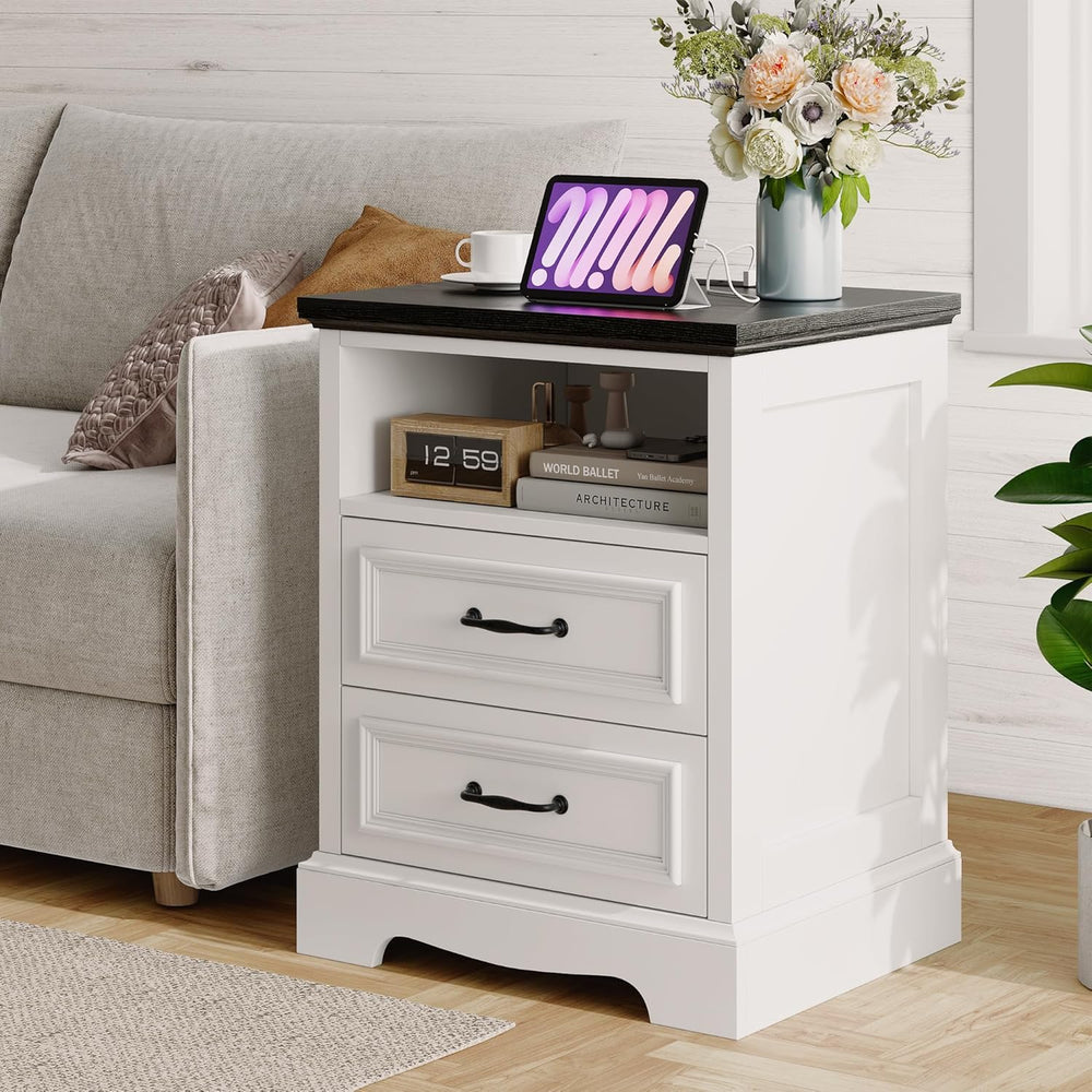 18" Farmhouse Nightstand Set of 2 with Charging Station, White End Table...