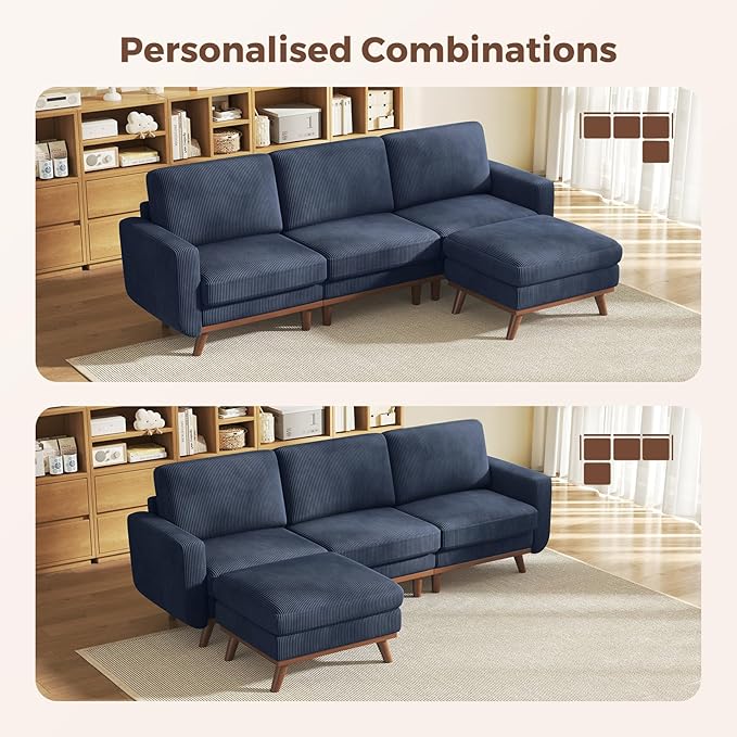 Vesgantti 97" Modular Sectional Sofa Dark Blue, L-Shaped Couch with Movable Ottoman, Comfy Corduroy Couch with Spring Cushion, Modular Sofa with Deep Seat for Living Room, Bedroom and Apartment