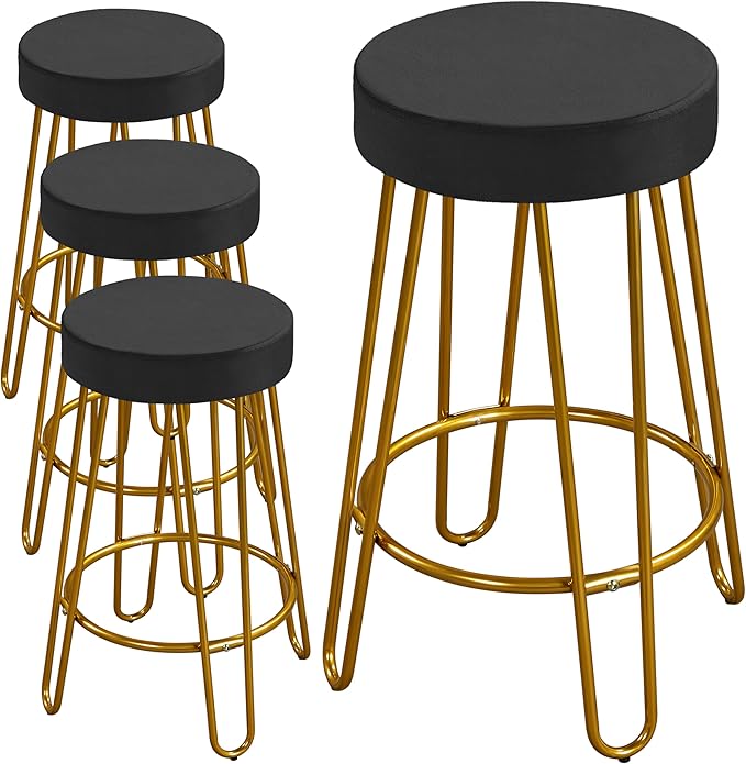 Yaheetech Bar Stools Set of 4, Velvet Round Counter Stools, Backless Counter Height Bar Chairs with Golden Legs for Kitchen Dining Room Pub Cafe, Black