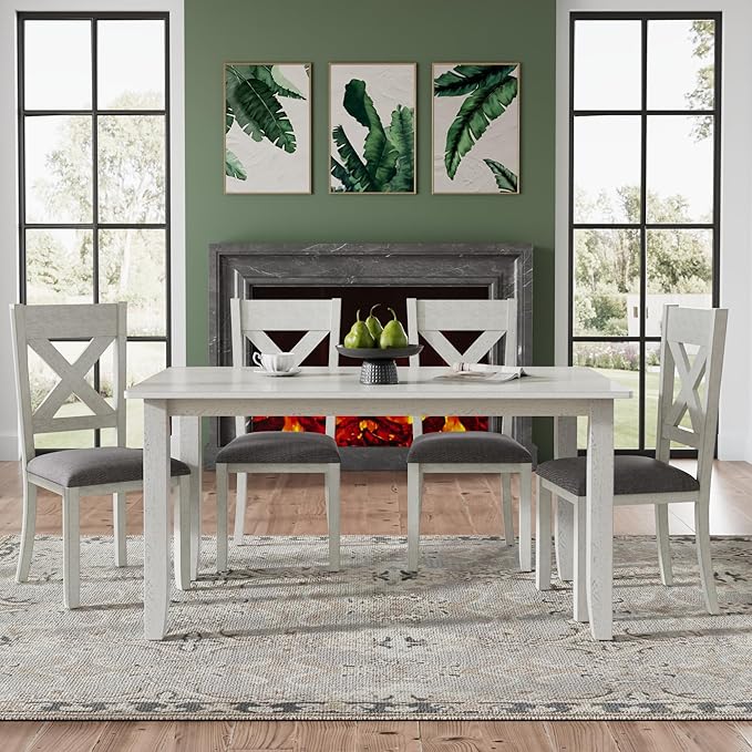 VECELO Peatuk 6-Piece Solid Wood Dining Table Set for 6, Modern Breakfast Dinette Kitchen Table with Chairs for Dining Room, Kitchen, Grey