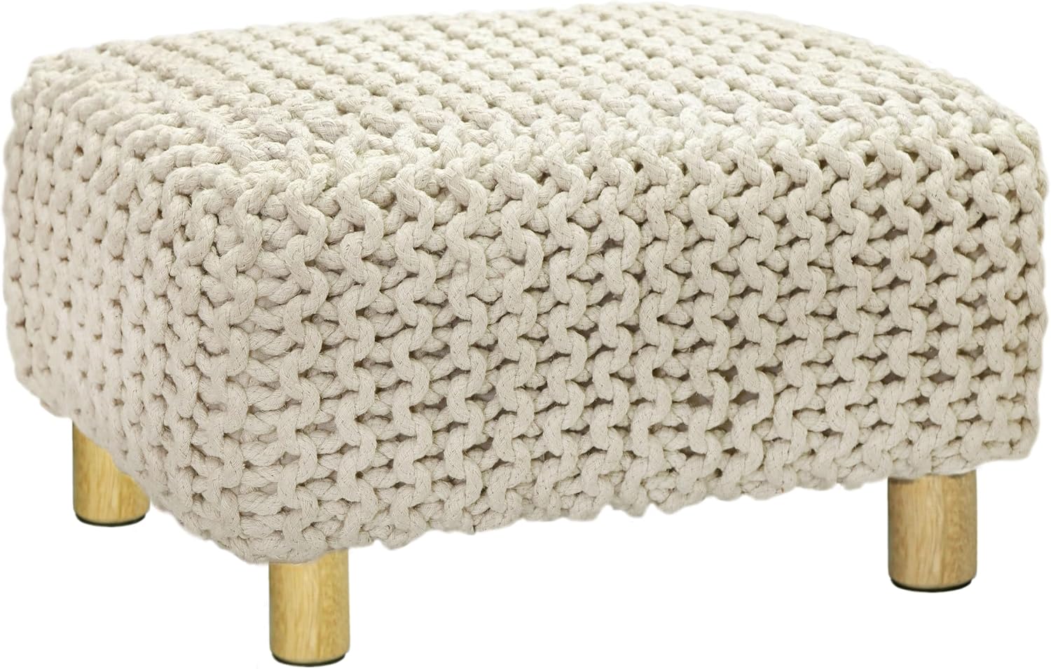 COTTON CRAFT Braided Footrest - Handknitted Dori Foot Stool with Sturdy Wood Legs – Handmade Boho Leg Rest - Small Spaces Under Desk Living Room Entryway Low Footstool Pouf - 16.5x12x9.5 - Ivory
