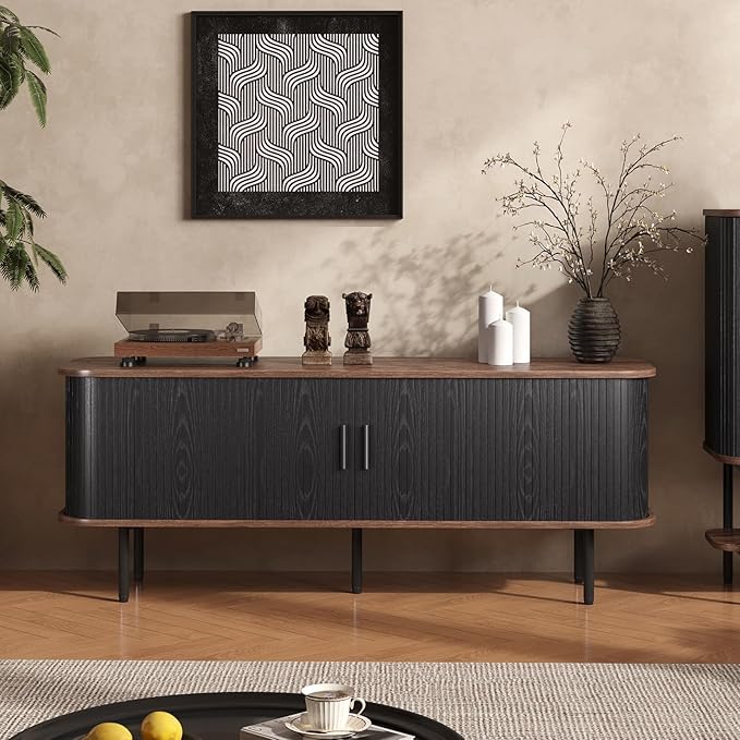 55''W Modern TV Stand Cabinet with Storage for TVs up to 60 Inch, Fluted TV Entertainment Center with Slatted Tambour Doors, Media Console for Living Room, Entryway, Black