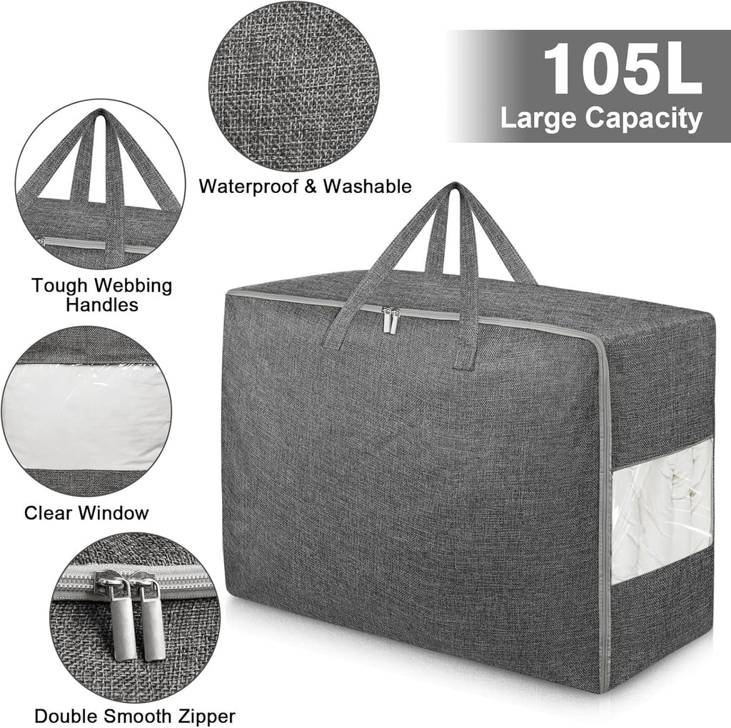 2Pack 105L Extra Large Storage Bags, Folding Comforter Blanket Storage Bags Closet Organizers and Storage Containers with Strong Handles&Zippers Clear Window for Clothes Bedding Pillow, Black