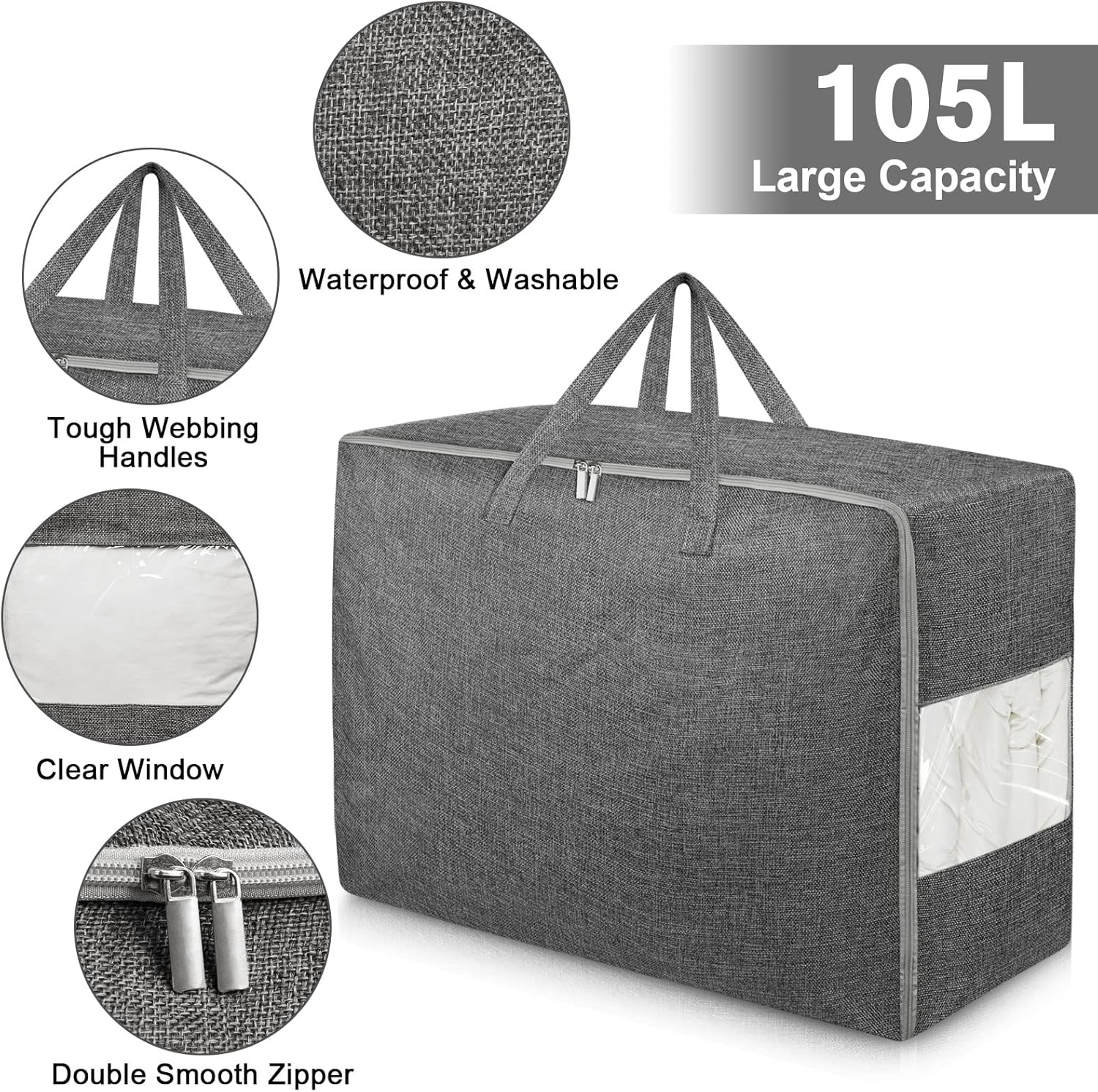 2Pack 105L Extra Large Storage Bags, Folding Comforter Blanket Storage Bags Closet Organizers and Storage Containers with Strong Handles&Zippers Clear Window for Clothes Bedding Pillow, Black