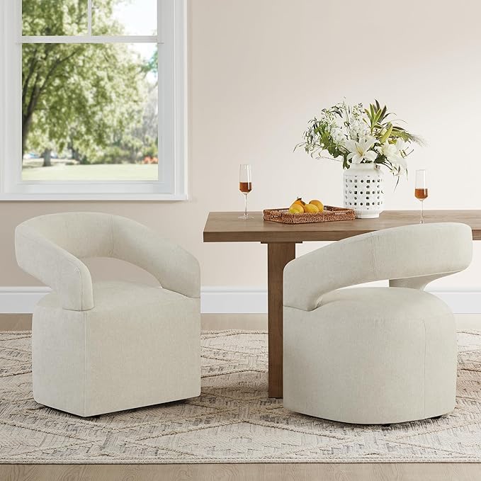 Upholstered Dining Chairs with Casters, Modern Barrel Side Armchair with Rollers for Dining Room, Bedroom, Kitchen, Reading Room, Cream Beige, Set of 2