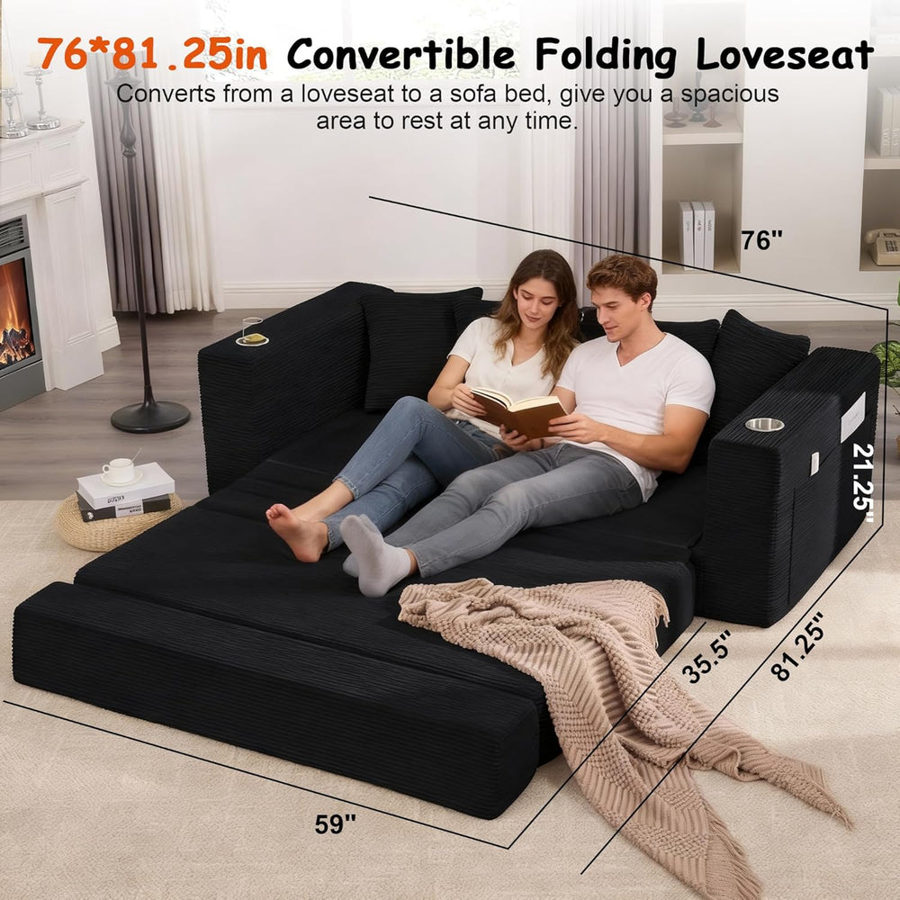 76" Convertible Sofa Bed, Corduroy Couch with Cup Holders & Pocket |...