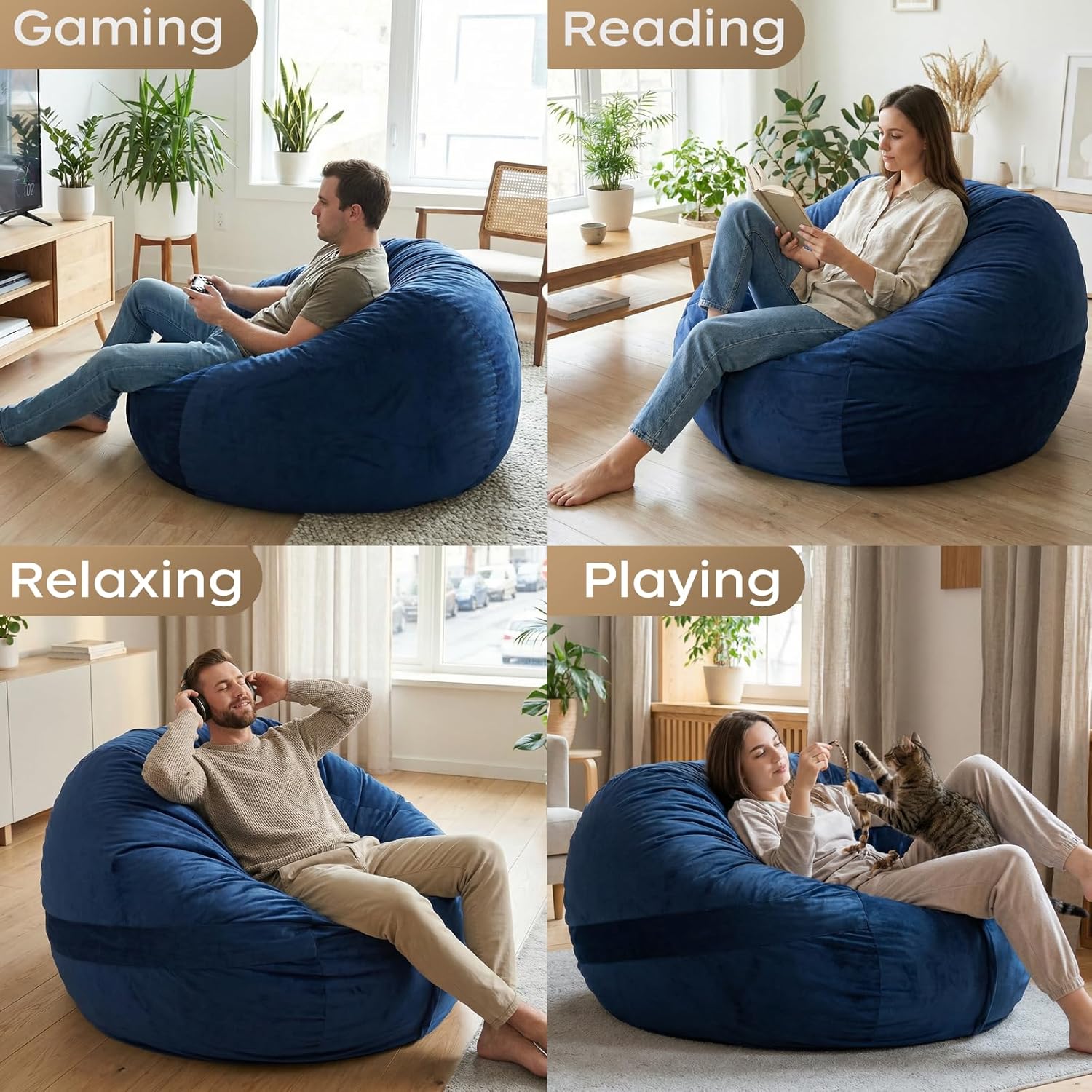 YuppieLife Large Foam Filled Bean Bag Chairs for Kids Teenagers Adults Living Room Gaming Relaxing 4F Machine Washable Lazy Sofa（Blue