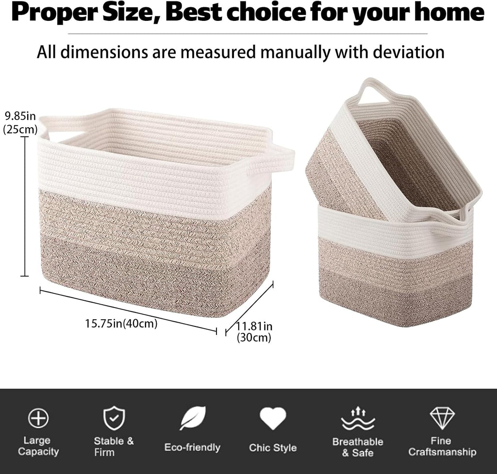 OIAHOMY Woven Storage Basket, Cotton Rope Baskets for Toys,Towel, Clothes, Used to Bathroom,Living Room,Nursery,Bedroom, 16"x12"x10"- Pack of 3, Gradient Yellow