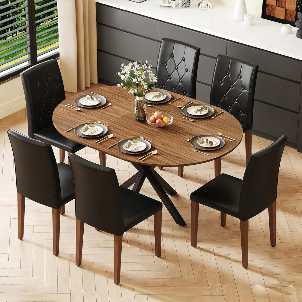 Round Dining Table Set for 6, 43-59" Extendable Dining Room Table Set, W...