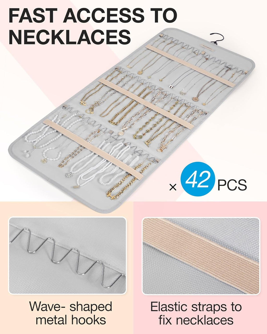 BAGSMART Hanging Jewelry Organizer Storage Roll with Hanger Metal Hooks Double-Sided Jewelry Holder for Earrings, Necklaces, Rings on Closet, Wall, Door, 1 piece, Large, Grey