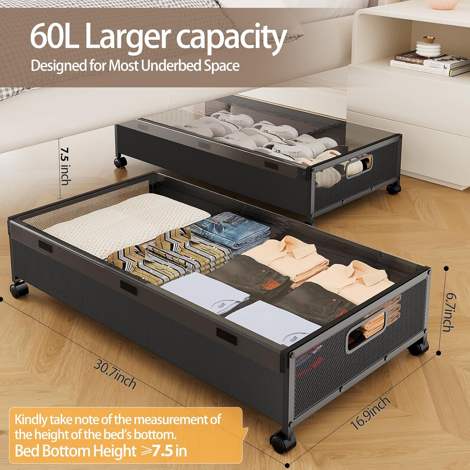KITHELP Under Bed Storage with Wheels, Under Bed Shoe Storage, Under the Bed Storage Drawers with Remove Window, Extra Large Rolling Under Bed Storage Metal Drawer for Clothes (Black-1 pack)