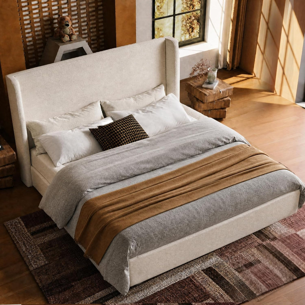 Queen Platform Bed, Tall Wingback Chenille Headboard, Sturdy Wood Slats Silen...