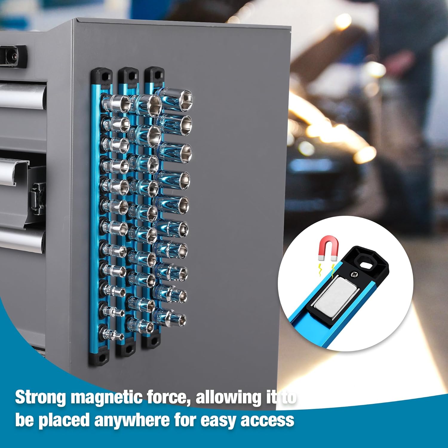 WORKPRO Magnetic Socket Organizer, 3/8-Inch Drive Aluminum Alloy Socket Rail, Heavy Duty Socket Holder, Socket Rack Kit 3/8-Inch x 10 Clips Sky Blue (Socket not Included)