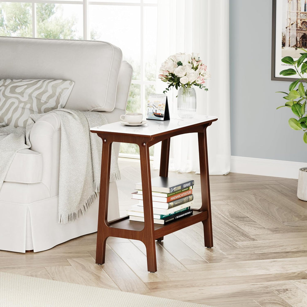 Narrow Side Table with Storage Shelf, Reddish Brown Walnut, 23.54 x 11.75 x 2...