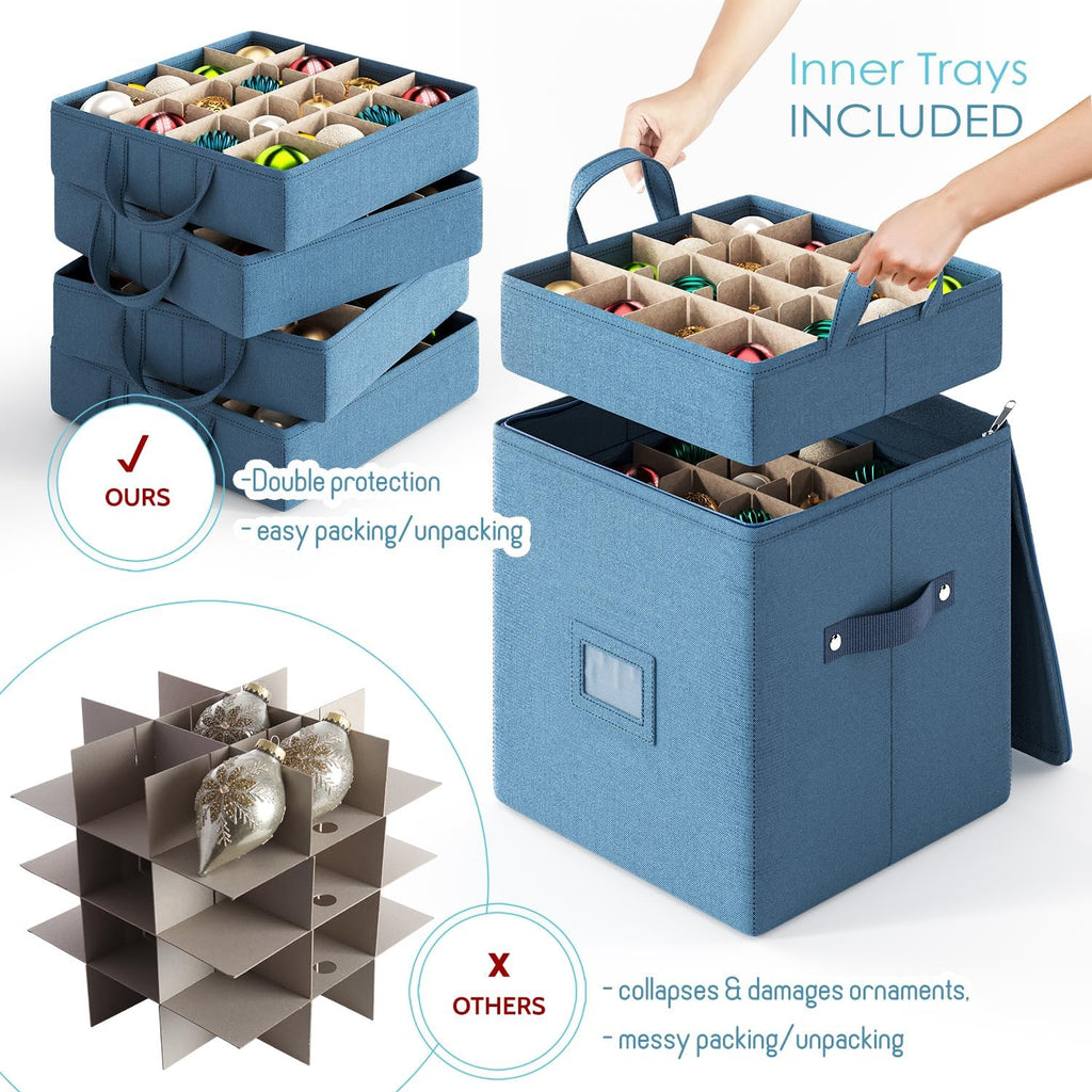 Hearth & Harbor Christmas Ornament Storage Box With 4 Inner Tray Dividers - Non-Woven Ornament Storage Container For 64 Holiday Ornaments or Decorations