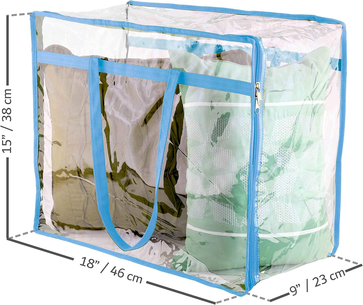 Clear Vinyl Zippered Storage Bags (3-Pack) 40L Sturdy Storage Bags for Sweaters, Blankets, Comforters, Bedding Sets and Much More! (Light Blue, 18x15x9)