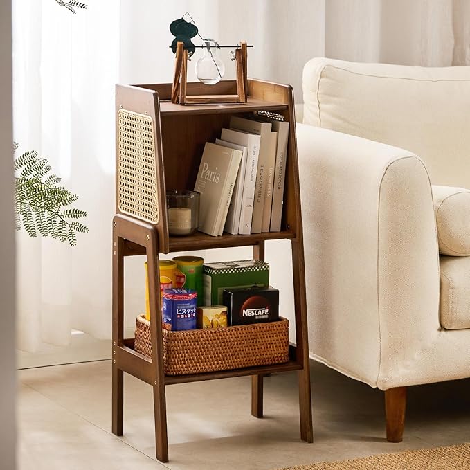 Welnow Bamboo Rattan Bookcase with Cabinet, 1-Tier Storage Shelf with Side Ta...