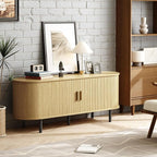ONBRILL 63" TV Stand with Power Outlet for TVs up to 70 Inch, Entertainment Center with Storage and Adjustable Shelves, Modern Media Console with Sliding Doors for Living Room, Oak
