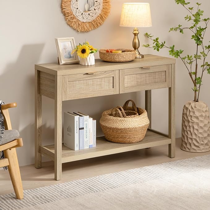 SICOTAS Rattan Console Table for Entryway - Boho Entryway Table with Storage and Drawers, Small Entry Tables for Hallway Behind Couch Table Sofa Table