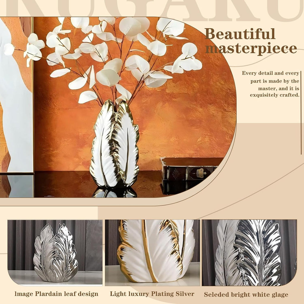 White and Gold Ceramic Vase for Home Decor Modern Decorative Vase 10.7in | Modern pampas grass vase for white and gold home decor perfect centerpiece for living room entryway bedroom and office table