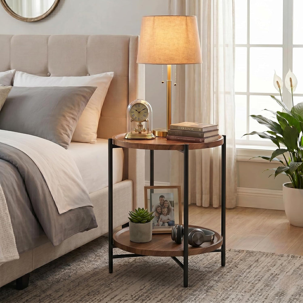 TeoKJ 2 Tier Small Side Table, Folding Round Metal End Table with Two Removab...