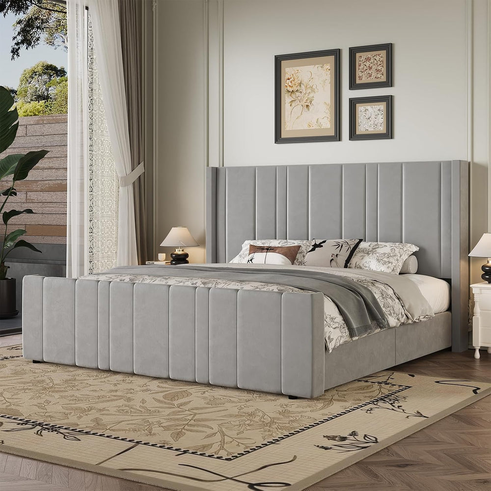 HOMBCK King Size Bed Frame with 46.9" Tall Headboard, Grey