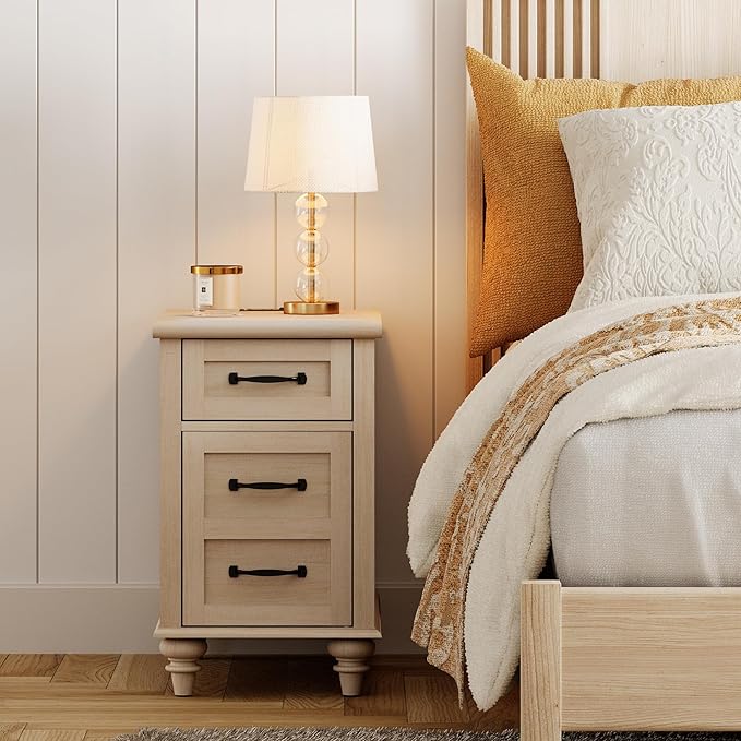 WAMPAT Beige End Table with Charging Station, Wooden Side Table with Storage ...