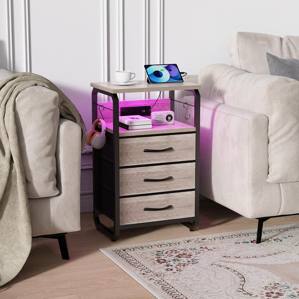 runjuly Bed Side Table with 3 Fabric Drawers, Night Stand with Charging Stati...