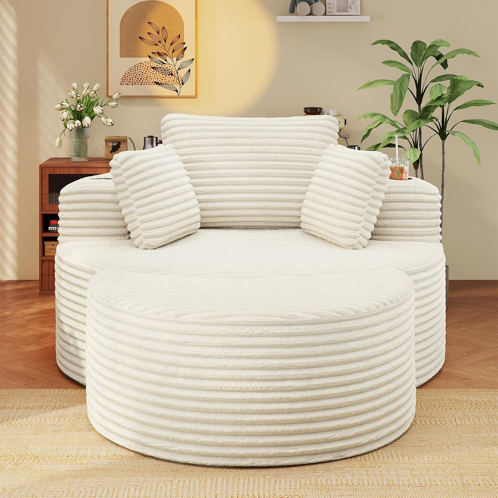Round Chaise Lounge with Ottoman, Cloud Corduroy Curved Reading Lounge Sofa C...