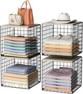 4-Tier Stackable Closet Organizers and Storage Basket, Shelves with Wood Top, Foldable Clothes Storage Bin/Cube Drawer Organizer for Wardrobe, Space-Saving, Closet Organization,Black(Patent Pending) ﻿