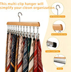 Closet Organizer with 10 Clips, 2 Pack Wooden Hanging Storage Hanger, Space Saving Multifunctional Rack for Ties, Scarves, Hats & Small Accessories