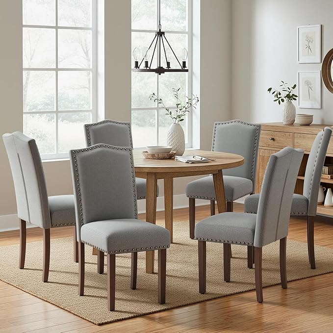COLAMY Grey Upholstered Parsons Dining Chairs Set of 2,Comfortable Foam Seat, Classic Nailhead Trim, Solid Wood Legs, Stable & Easy to Assemble for Dining Room, Kitchen, Living Room & Café