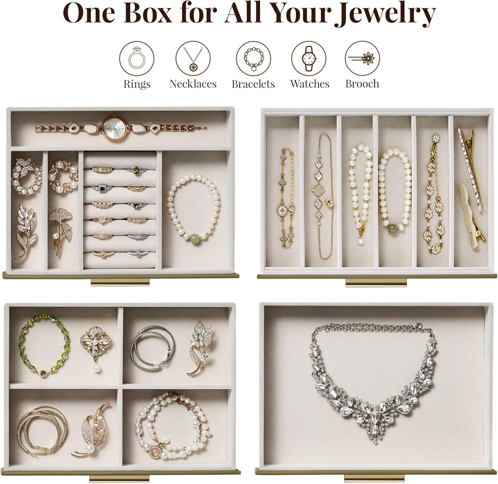 Jewelry Box Organizer Case for Women: 4-Layer Jewelry Storage Case with Glass Window, Olive Green Leather with Cream Velvet, Holder for Ring Necklace Bracelet Brooch Watch, Great Gift for Her